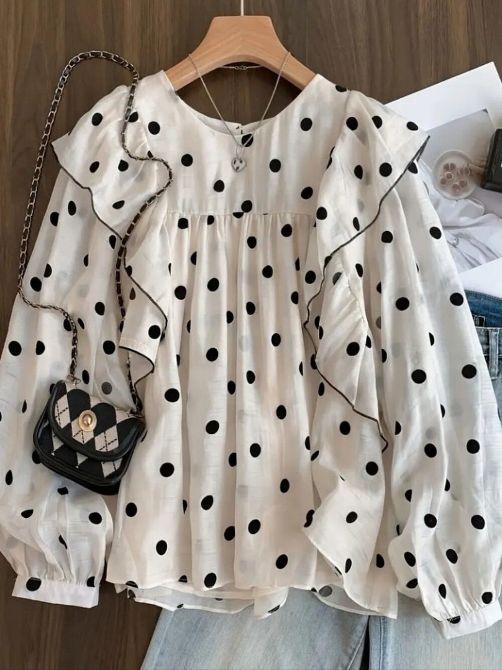 French-Style Ruffle Polka Dot Chiffon Blouse Women's Niche Chic Shirt